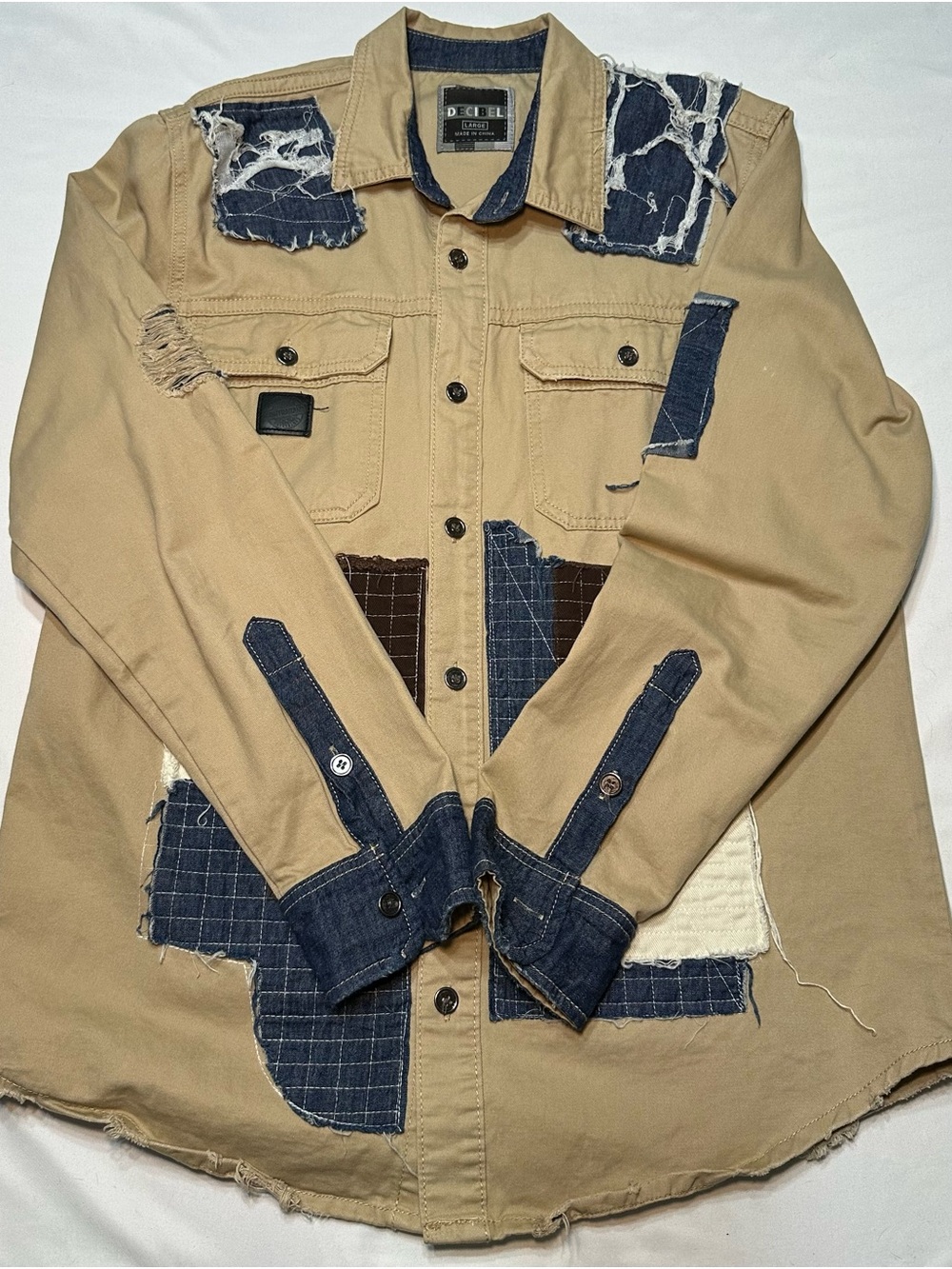 Decibel Contraband Design Patchwork Distressed Button Down Shirt Size L
